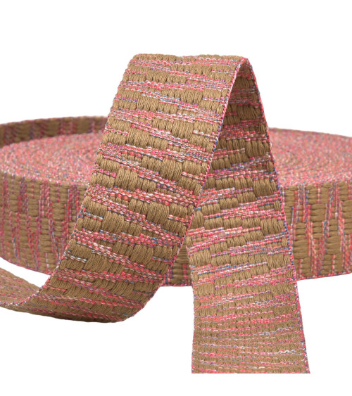 Bobina 14,5 m di cinturino etnico 38 mm beige/rosa