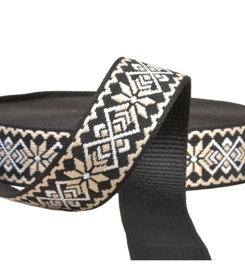 Spool 14.5m ethnic flower strap 38mm black/beige