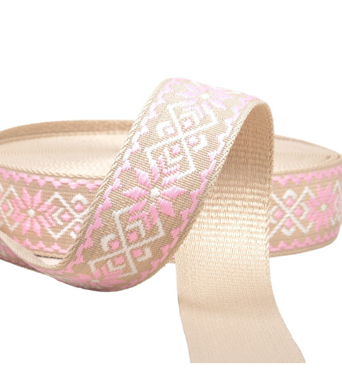 Spool 14.5m ethnic flower strap 38mm pink/beige