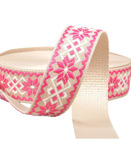 Spule 14,5 m, ethnisches Blumenband, 38 mm, Fuchsia/Beige