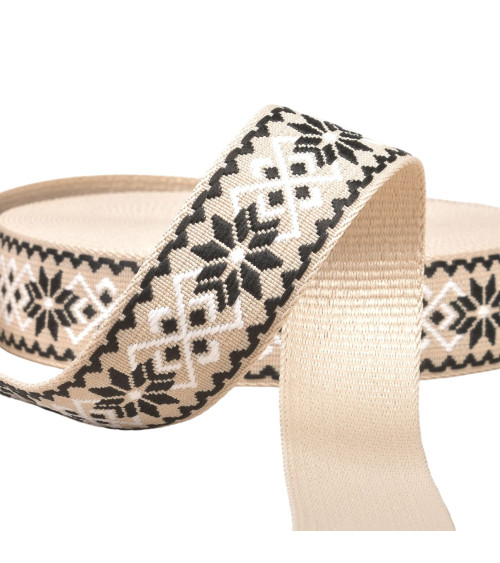 Spool 14.5m ethnic flower strap 38mm beige/black