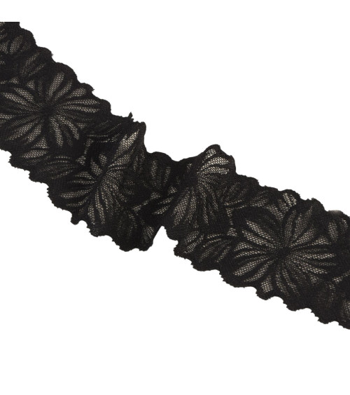 Spool 15m elastic lace flowers 57mm black