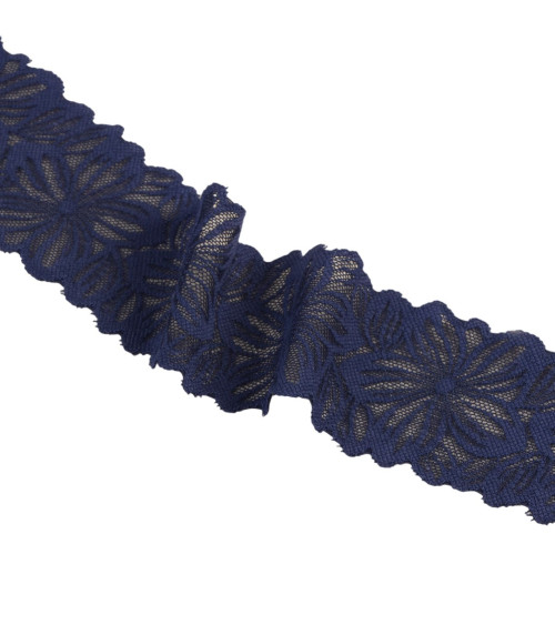 Spool 15m elastic lace flowers 57mm navy blue