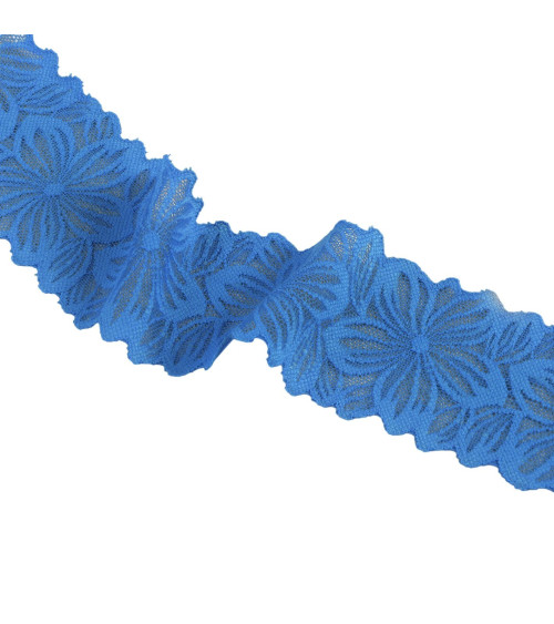 Spool 15m elastic lace flowers 57mm royal blue