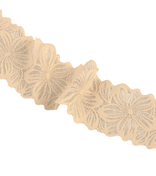 Spool 15m elastic lace flowers 57mm beige