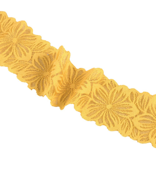 Spool 15m elastic lace flowers 57mm mustard