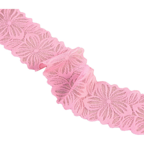 Spool 15m elastic lace flowers 57mm pink