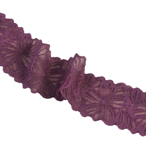 Spool 15m elastic lace flowers 57mm plum