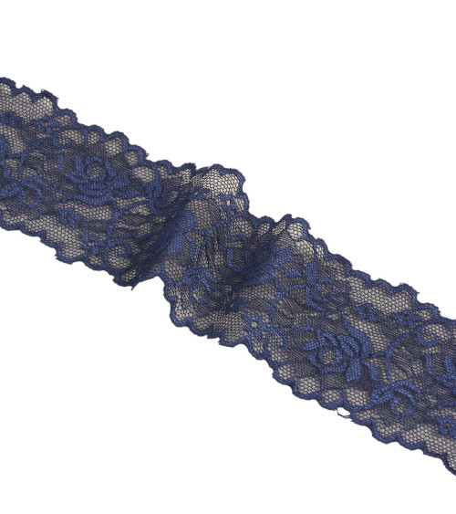 Spool 15m elastic lace flowers 62mm navy blue