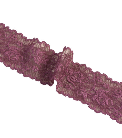 Spool 15m elastic lace flowers 62mm plum