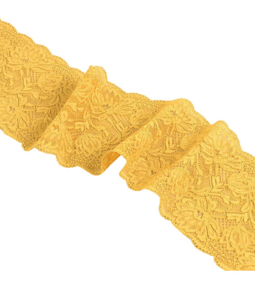 Spool 15m elastic lace flowers 102mm mustard