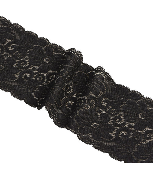 Bobina 15m fiori di pizzo elastico 85mm nero