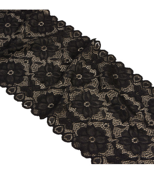 Spule 15m elastische Spitze Blumen 180mm schwarz