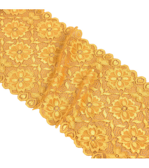 Spool 15m elastic lace flowers 180mm mustard