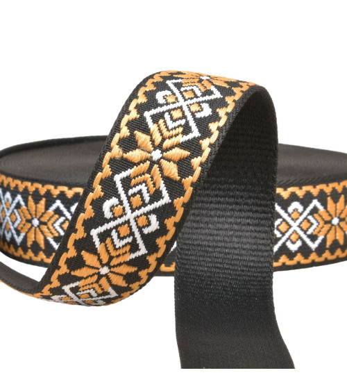 Ethnic flower strap 38mm mustard/black by the meter