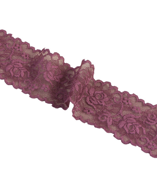 Dentelle élastique fleurs 62mm prune au mètre