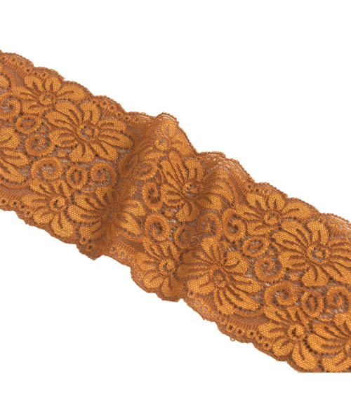 Elastic lace flowers 85mm chocolate brown by the meter