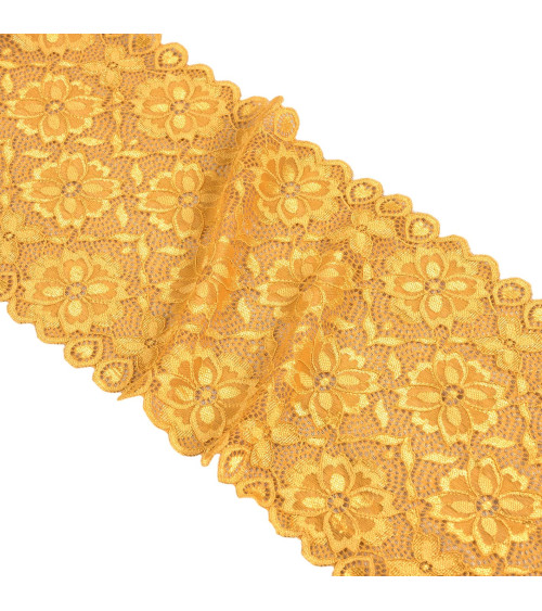 Dentelle élastique fleurs 180mm moutarde au mètre