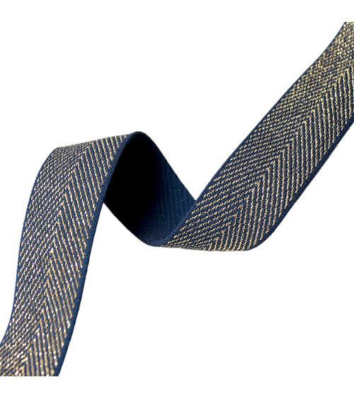 32mm navy blue/gold metallic chevron elastic by the meter