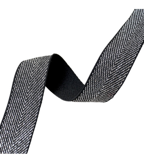 32mm black/silver metallic chevron elastic by the meter