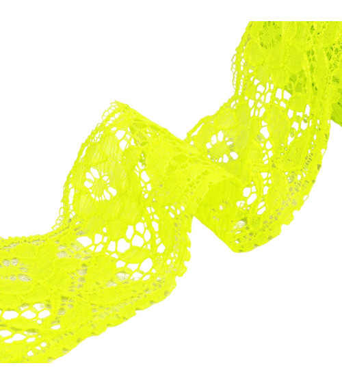 Dentelle rachel fleurs 60mm jaune fluo au mètre