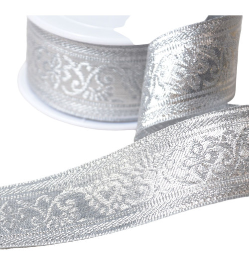 Galon jacquard metallique 40mm argent au mètre