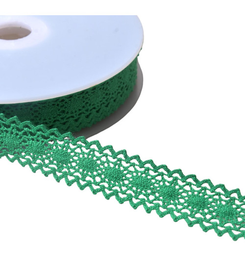 Bobina di pizzo di cotone da 20 m tra due "tartaruga" da 23 mm verde brillante