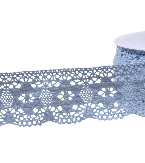 Bobine 20m dentelle coton fleurs 45mm bleu lavande