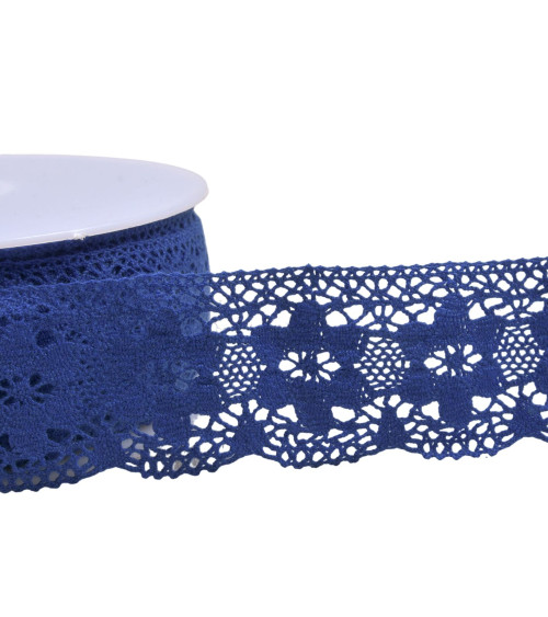 Bobine 20m dentelle coton fleurs 45mm bleu roi