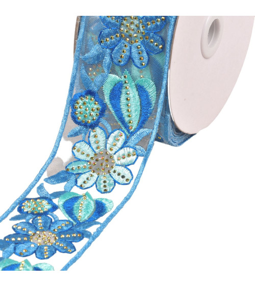 Embroidered flower braid 55mm white/blue per meter