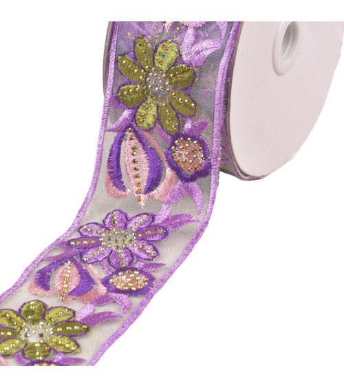 Embroidered flower braid 55mm dark purple per meter