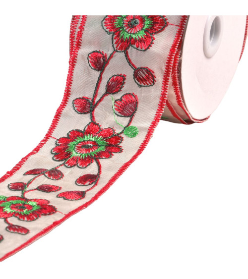 Embroidered braid flowers and leaves 58mm red per meter