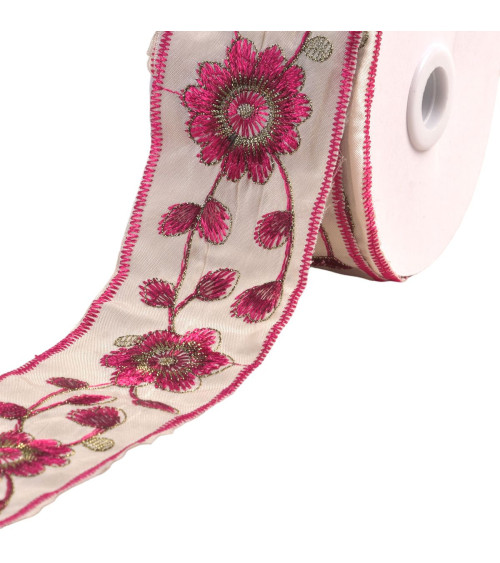 Embroidered braid flowers and leaves 58mm fuchsia by the meter