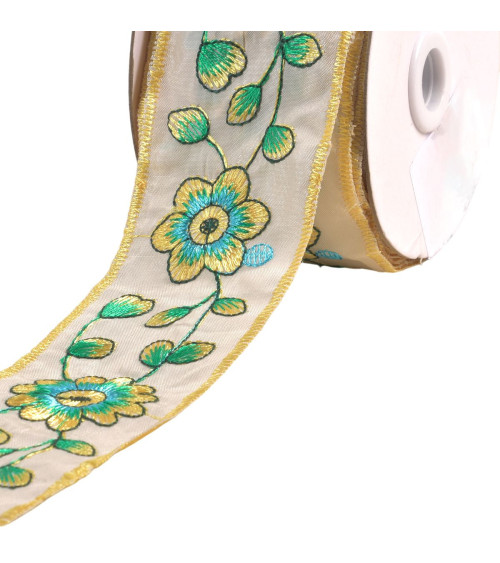 Embroidered braid flowers and leaves 58mm lemon yellow per meter