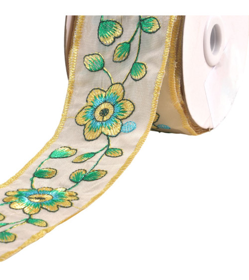 Galon brodé fleurs et feuilles 58mm jaune citron au mètre