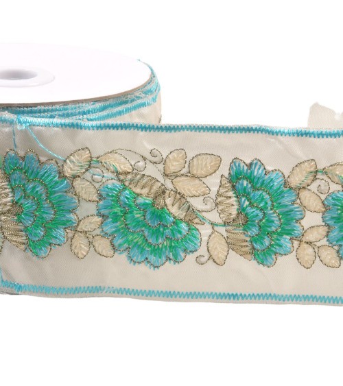 Embroidered braid flowers and leaves 60mm steel blue per meter