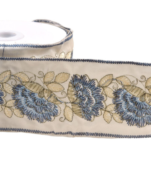 Embroidered braid flowers and leaves 60mm lavender blue by the meter