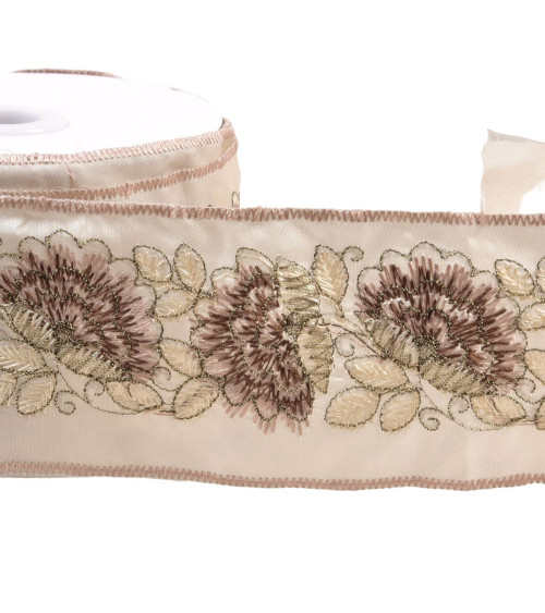 Embroidered braid flowers and leaves 60mm taupe by the meter