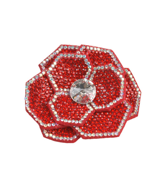 Broche flor de strass 10cm x 7cm rojo