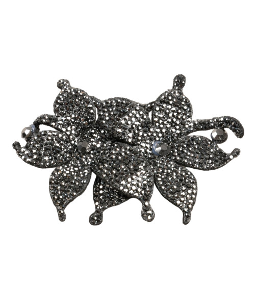 Fleur broche strass 10cm x 7cm gris anthracite