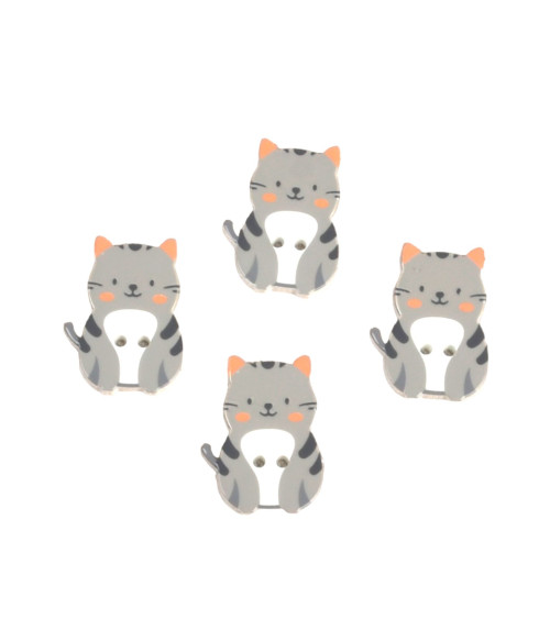 Lot de 3 boutons chat 2 trous chat gris tigré en bois 27mm