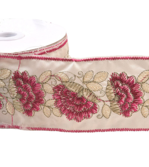 10m reel of embroidered flower and leaf braid 60mm fuchsia