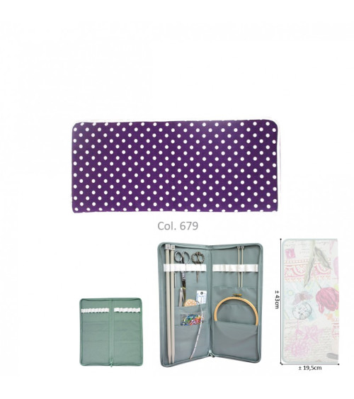 Knitting needle holder 43cmx20cm purple polka dots