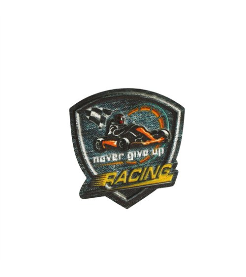 Ecusson thermocollant facon denim racing 4,9cm x 5,1cm