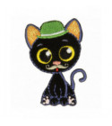 Ecusson thermocollant chat aux gros yeux chapeau vert 5 cm x 3,5 cm