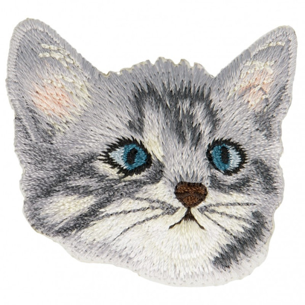 Ecusson Thermocollant Tete De Chat Gris Clair 4 Cm X 4 Cm Mymercerie Com Vente En Ligne D Articles De Mercerie