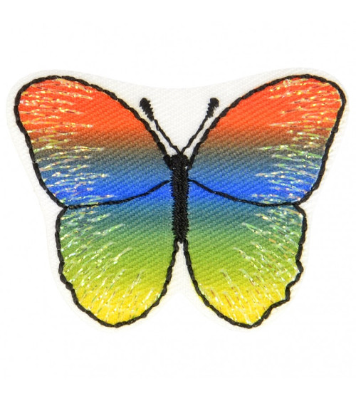 Orange, blue, green, yellow butterfly iron-on badge 3 cm x 5 cm