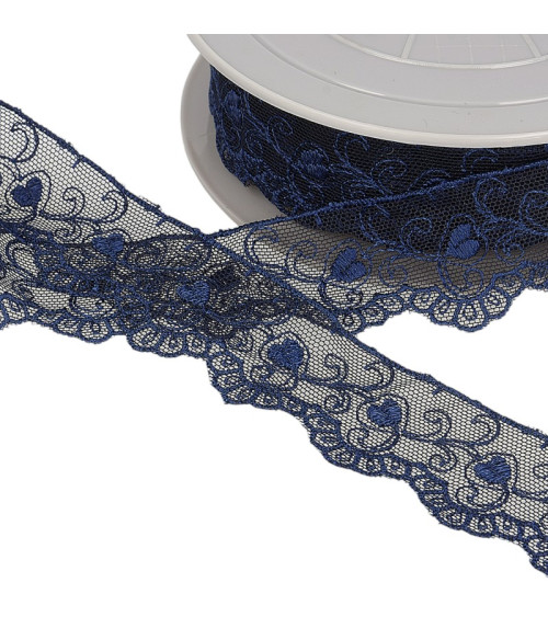 Bobina di cuori di tulle ricamati 14,6 m blu navy 35 mm