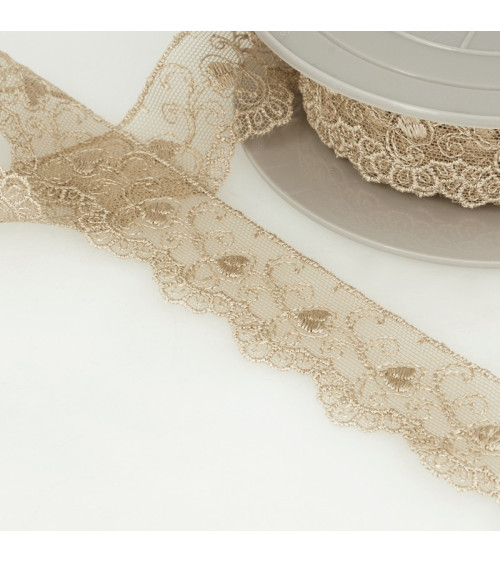 Bobina di ricamo cuori di tulle 14,6 m beige 35 mm