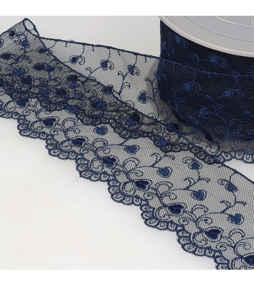 Bobina di cuori di tulle ricamato 14,6 m blu navy 70 mm